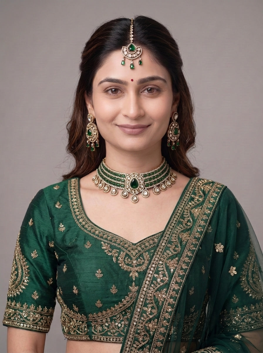 Gold Plated Choker Necklace, Earrings, Maang Tikka
