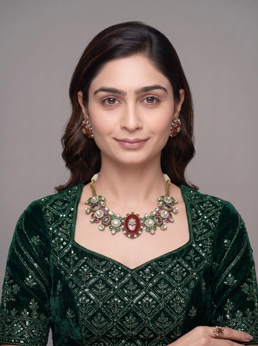 Gold Toned Metal Necklace And Stud Earrings Set