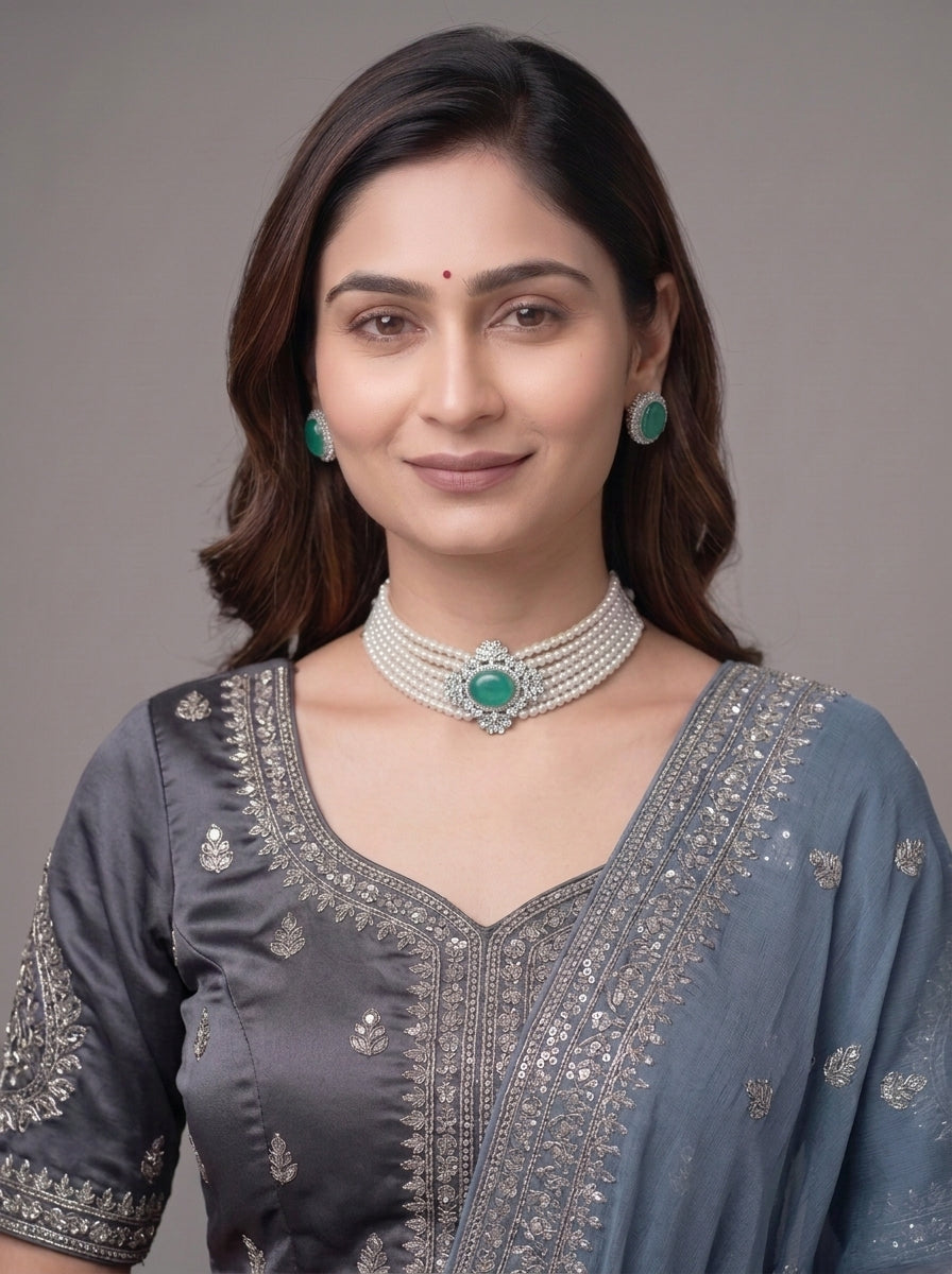 Silver Colored Base Metal Choker Necklace And Stud Earrings Set