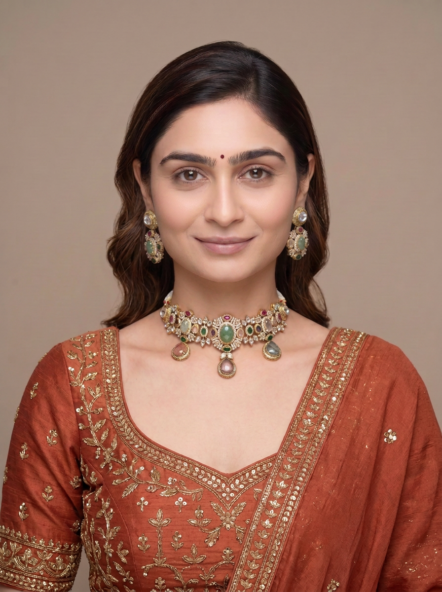 Gold Toned Choker Necklace And Stud Earrings Set