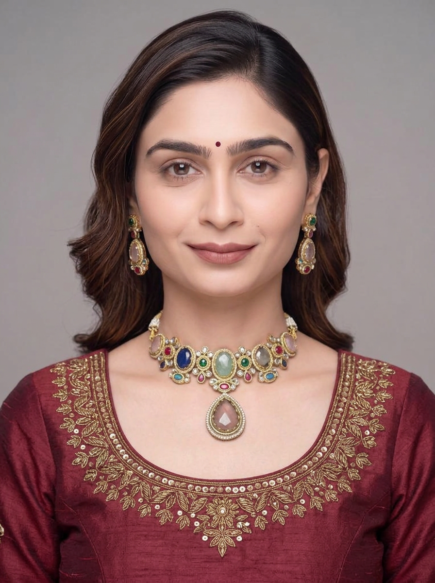 Gold-Tone Alloy Choker Necklace And Drop Earrings Set