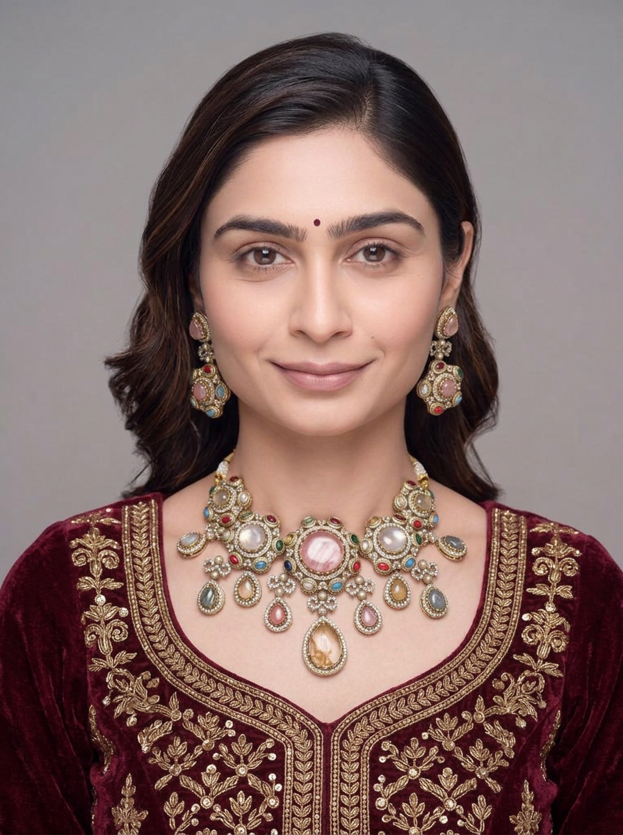 Gold Toned Metal Necklace And Earrings Set