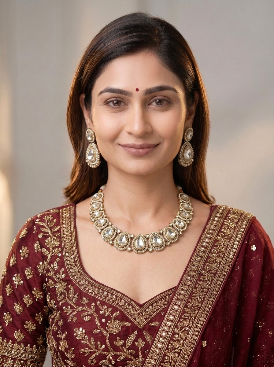 Gold Toned Alloy Necklace And Earrings Set