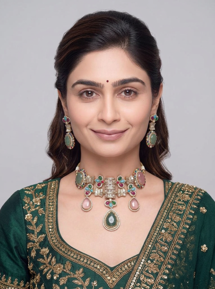 Gold Tone Choker Necklace And Dangle Earrings Set
