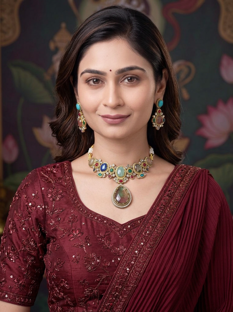 Gold-Tone Alloy Choker Necklace And Drop Earrings Set