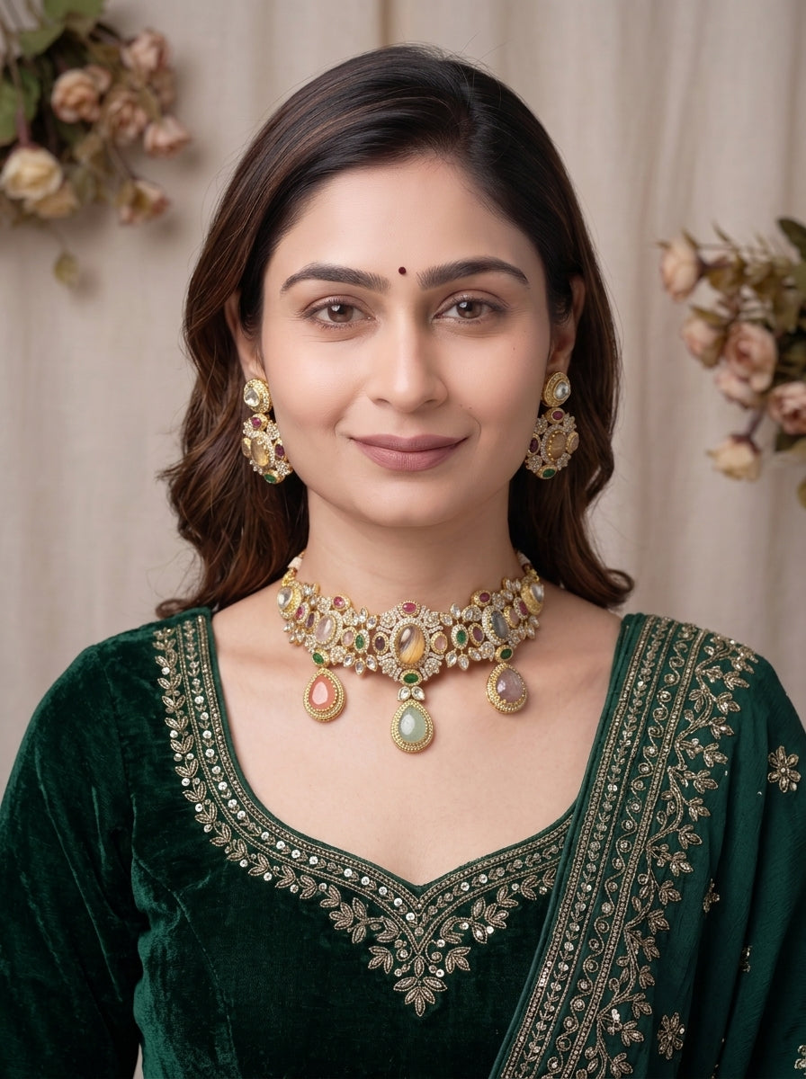 Gold Toned Alloy Necklace And Earrings Set