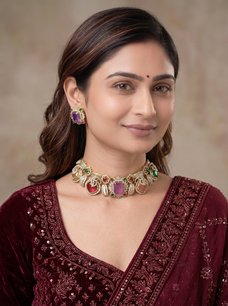 Gold Toned Choker Necklace And Stud Earrings Set