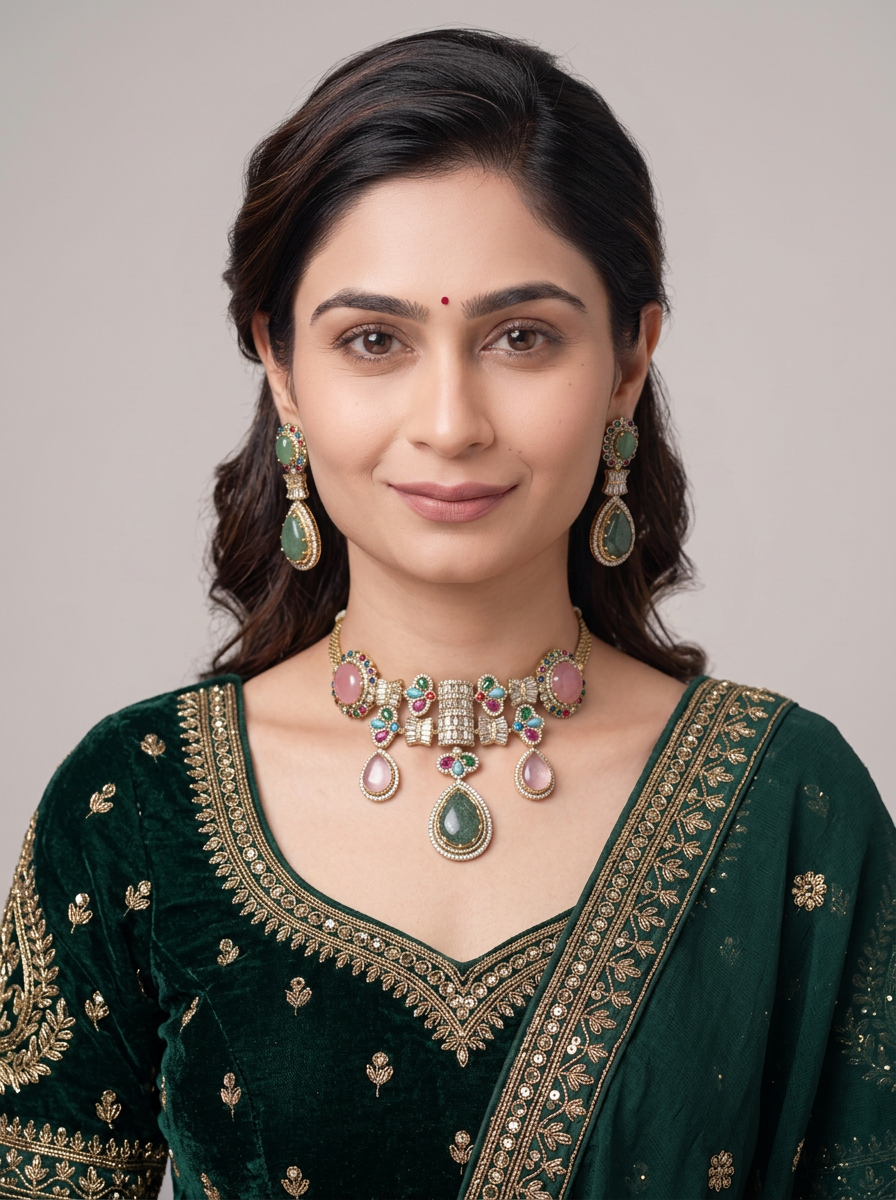 Gold Tone Choker Necklace And Dangle Earrings Set