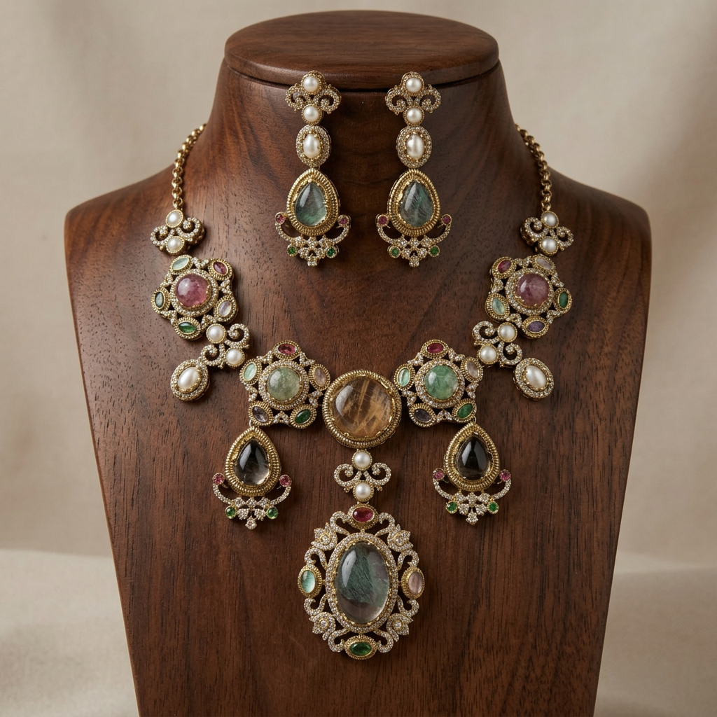 Gold Toned Metal Necklace And Earrings Set