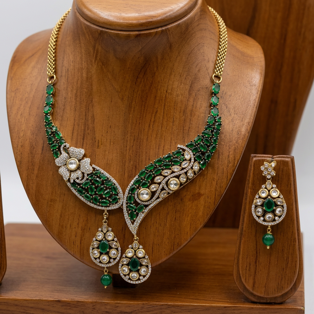 Gold-Toned Metal Necklace And Earrings Set