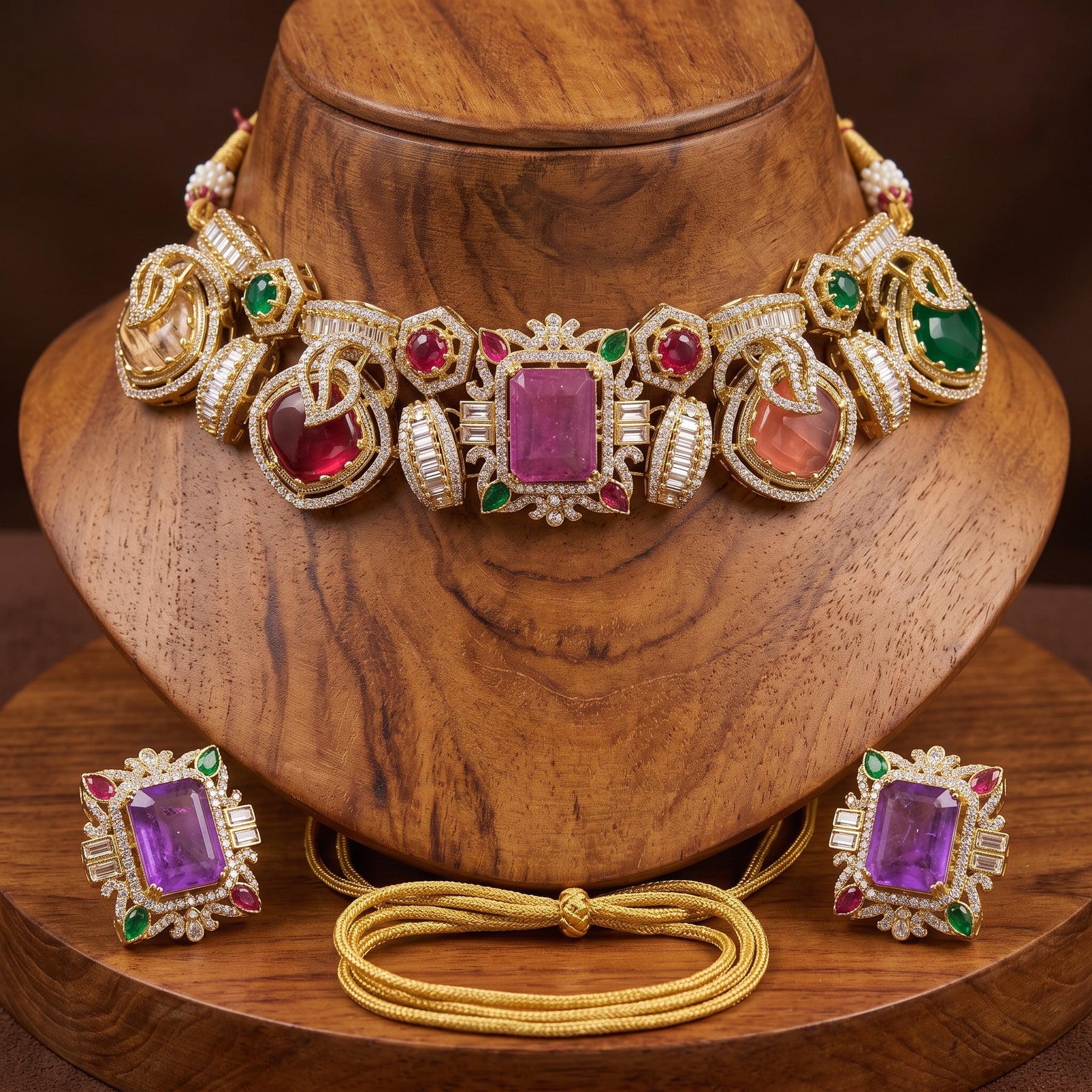 Gold Toned Choker Necklace And Stud Earrings Set