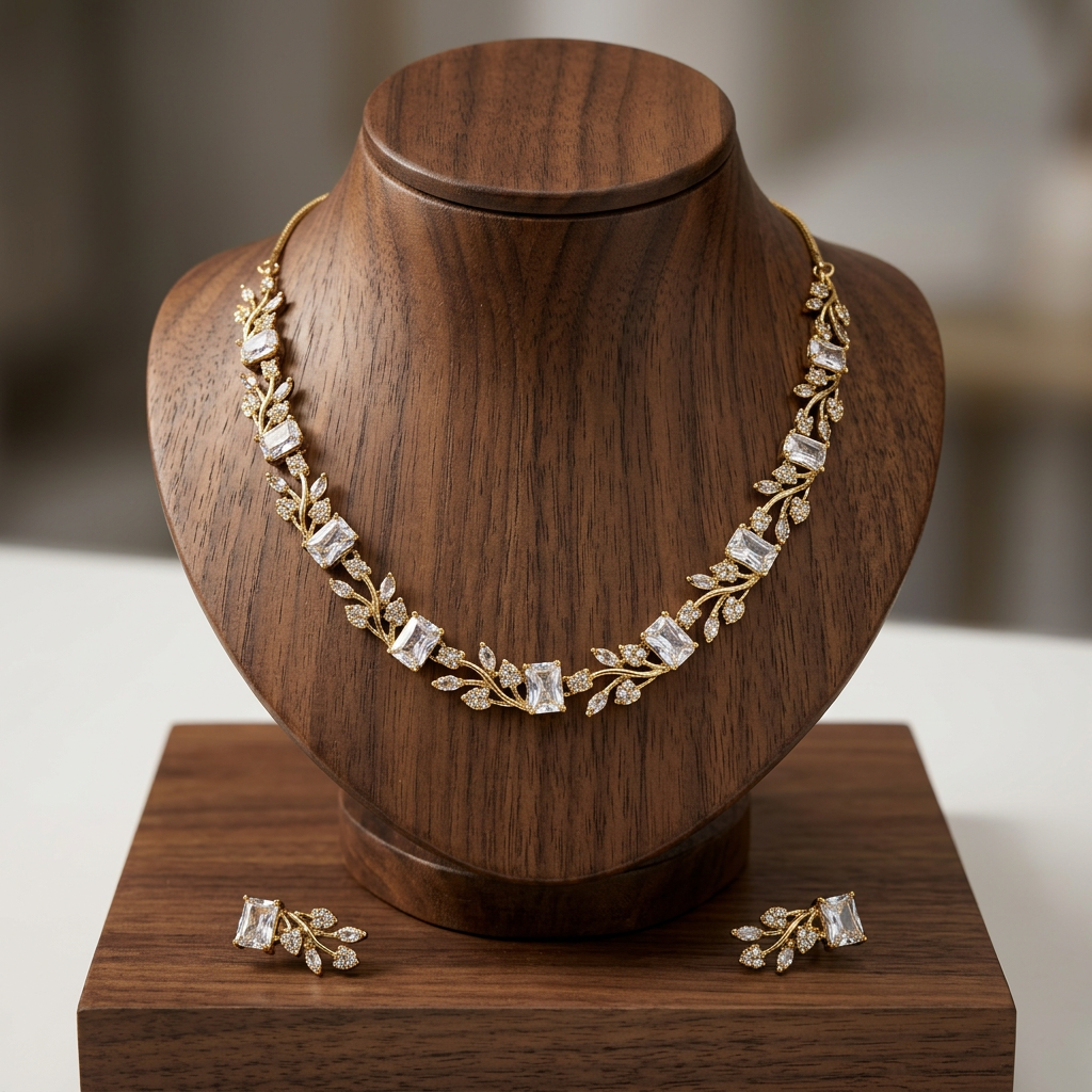 Gold Tone Matching Necklace And Stud Earrings