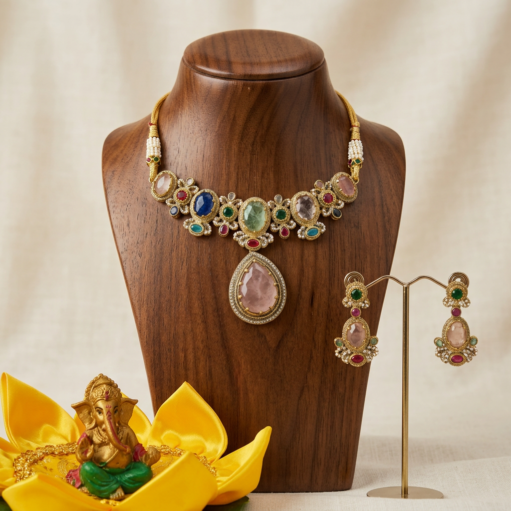 Gold-Tone Alloy Choker Necklace And Drop Earrings Set