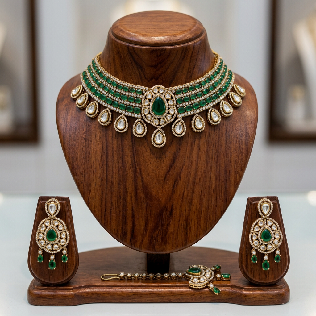 Gold Plated Choker Necklace, Earrings, Maang Tikka