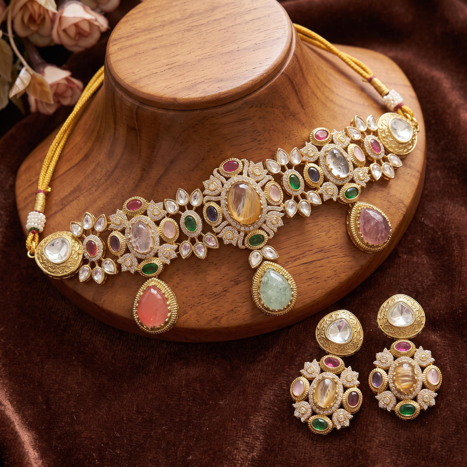 Gold Toned Alloy Necklace And Earrings Set