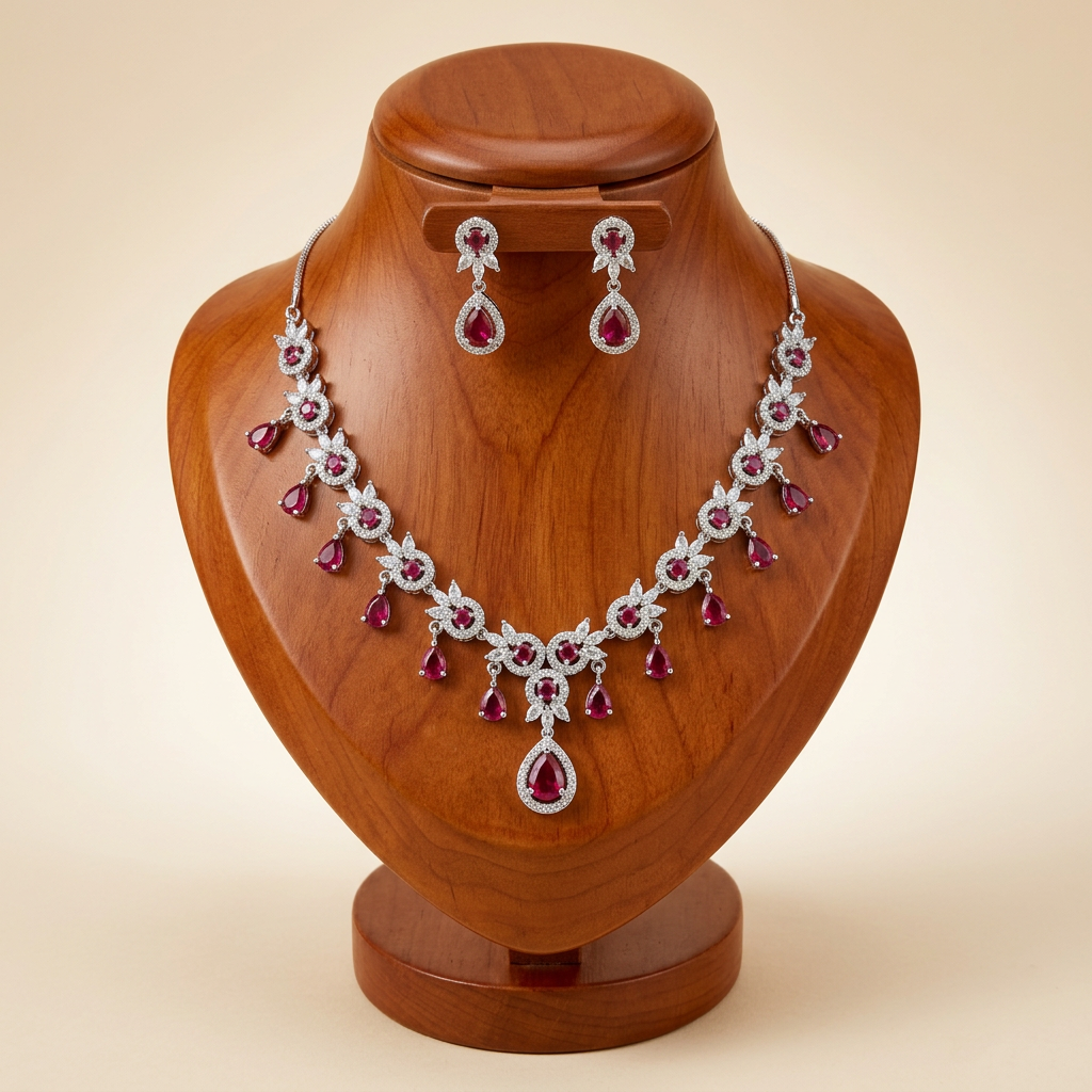 Silver Colored Metal Necklace And Earrings Set