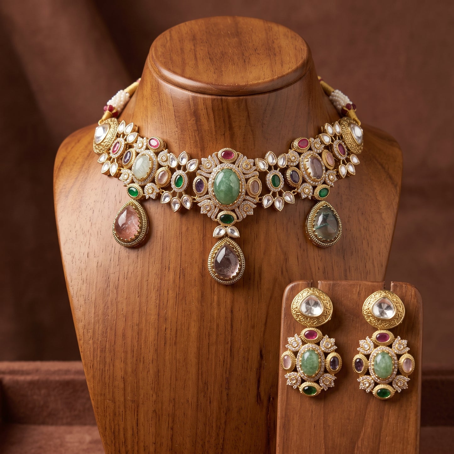 Gold Toned Choker Necklace And Stud Earrings Set