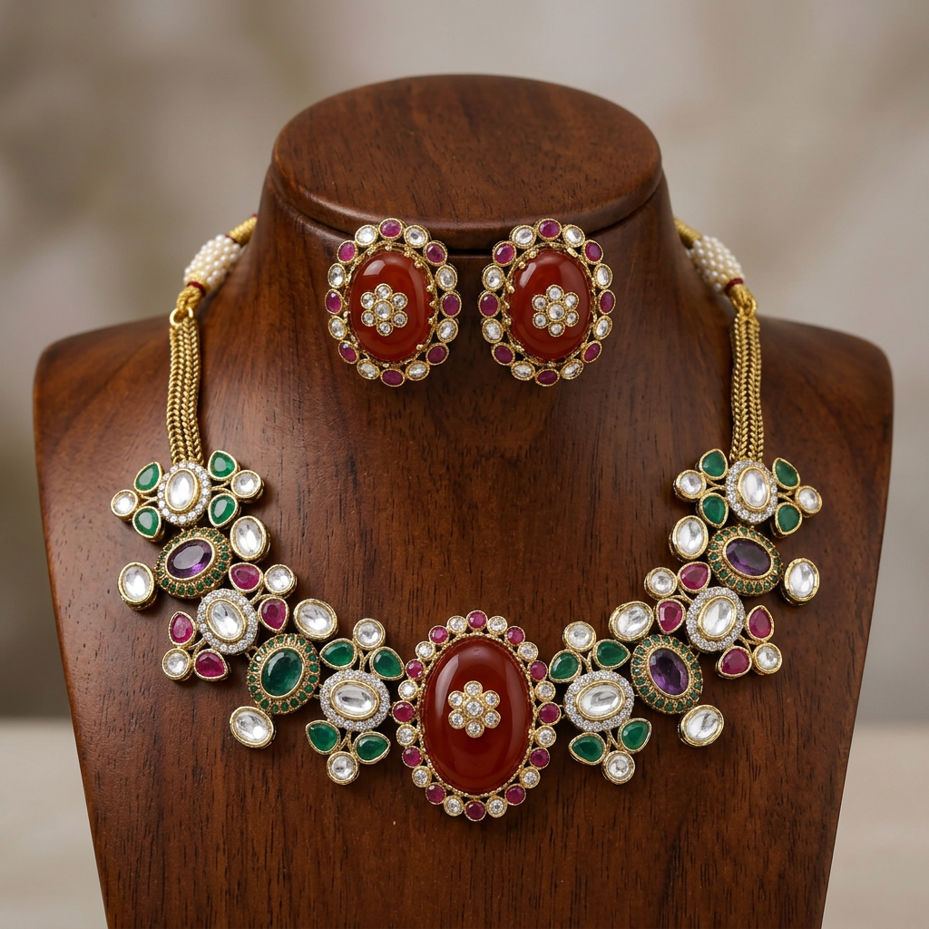 Gold Toned Metal Necklace And Stud Earrings Set