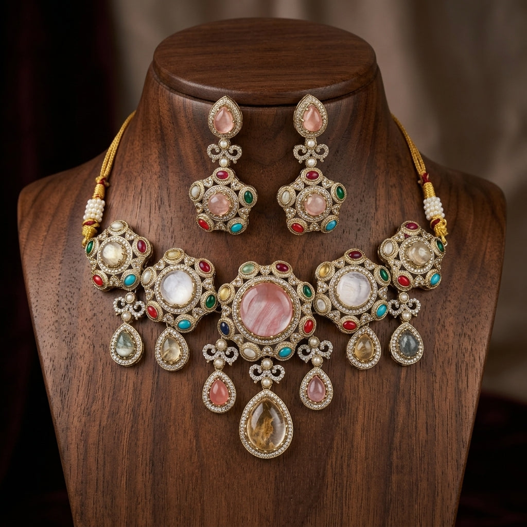Gold Toned Metal Necklace And Earrings Set