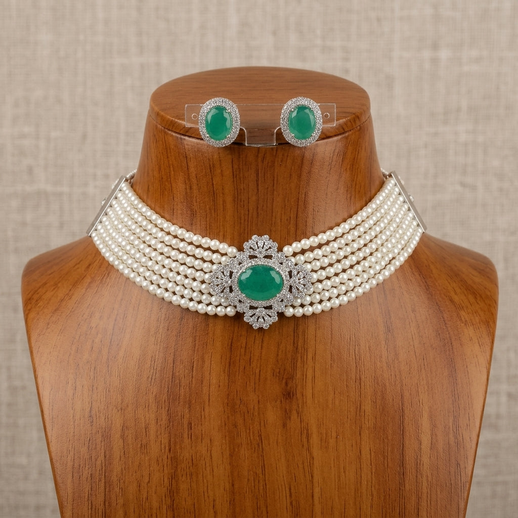 Silver Colored Base Metal Choker Necklace And Stud Earrings Set