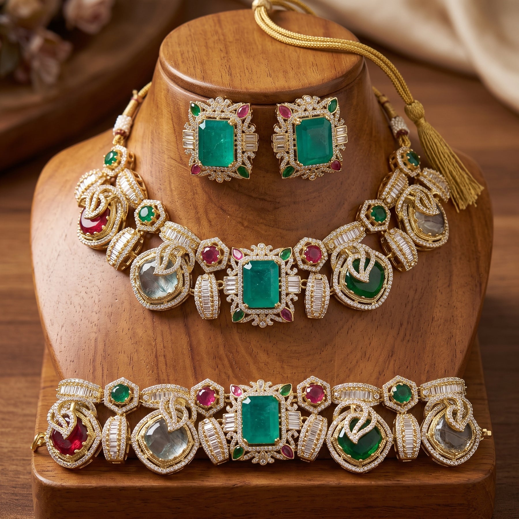 Gold Toned Necklace, Earrings, Bracelet