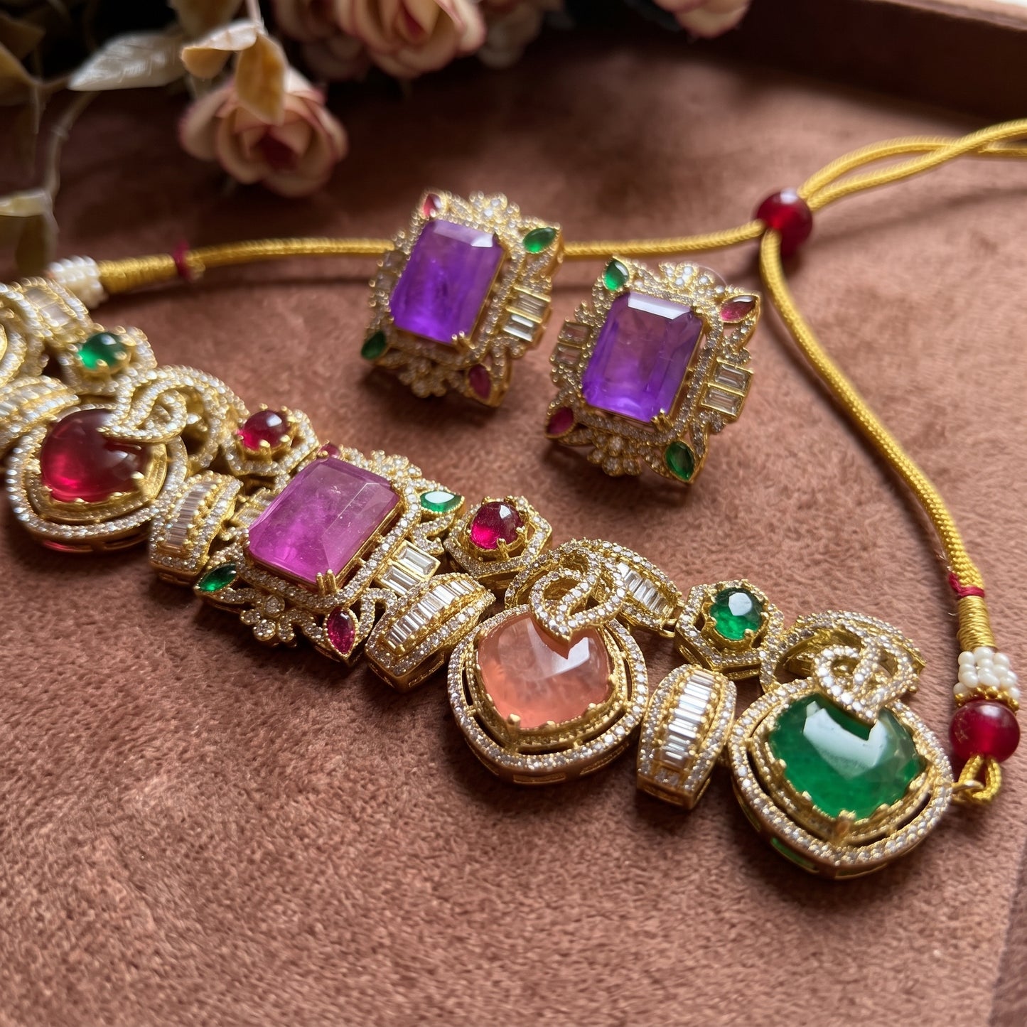 Gold Toned Choker Necklace And Stud Earrings Set