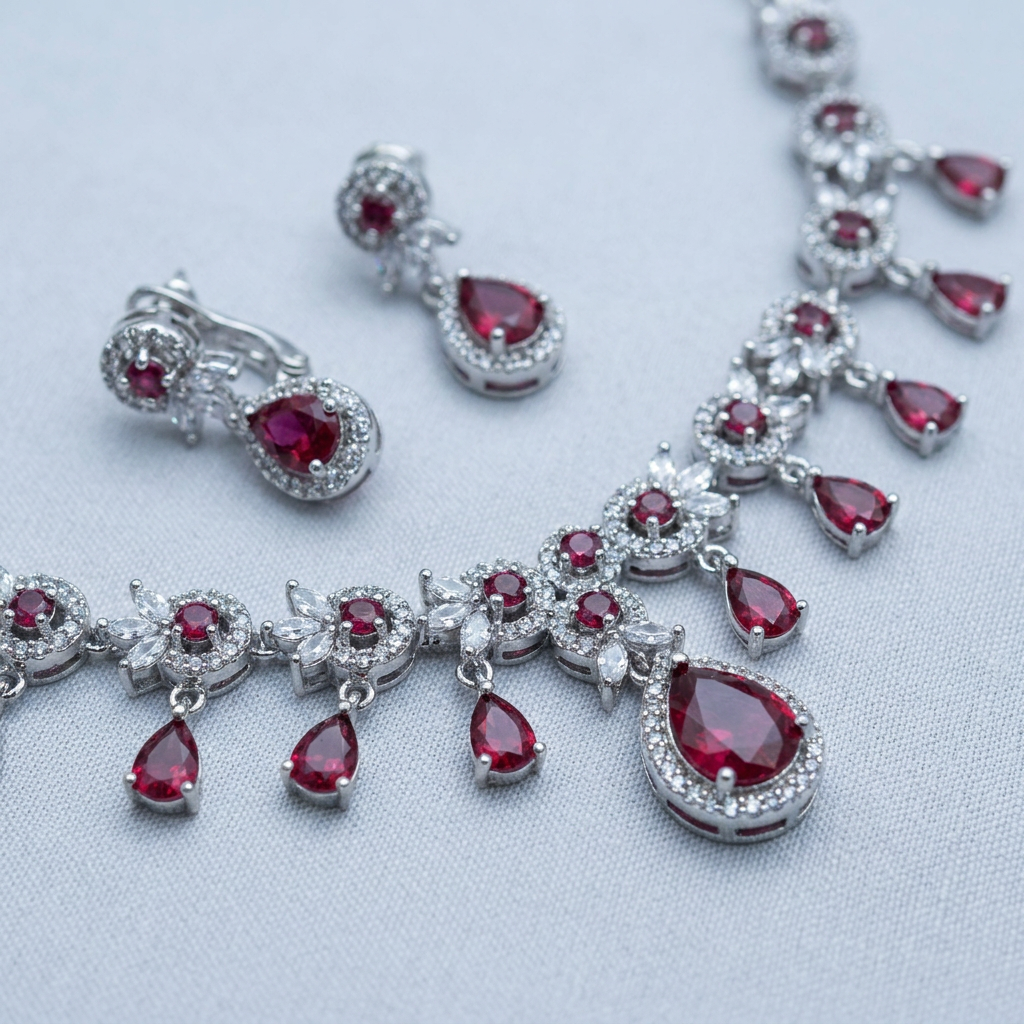 Silver Colored Metal Necklace And Earrings Set