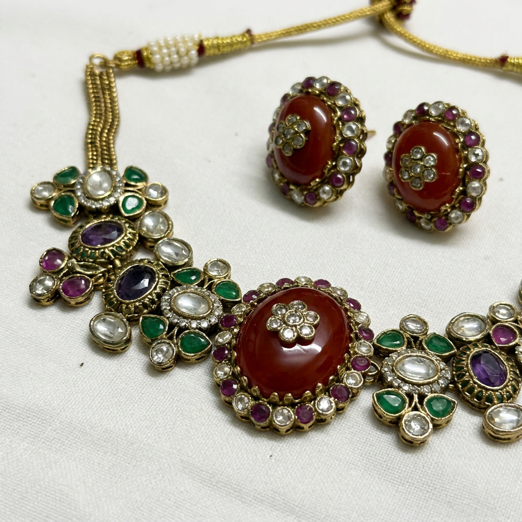 Gold Toned Metal Necklace And Stud Earrings Set