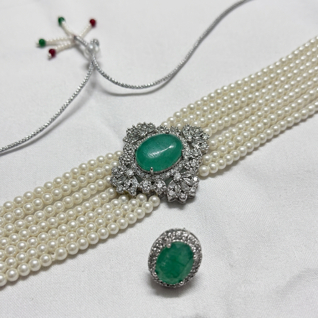Silver Colored Base Metal Choker Necklace And Stud Earrings Set