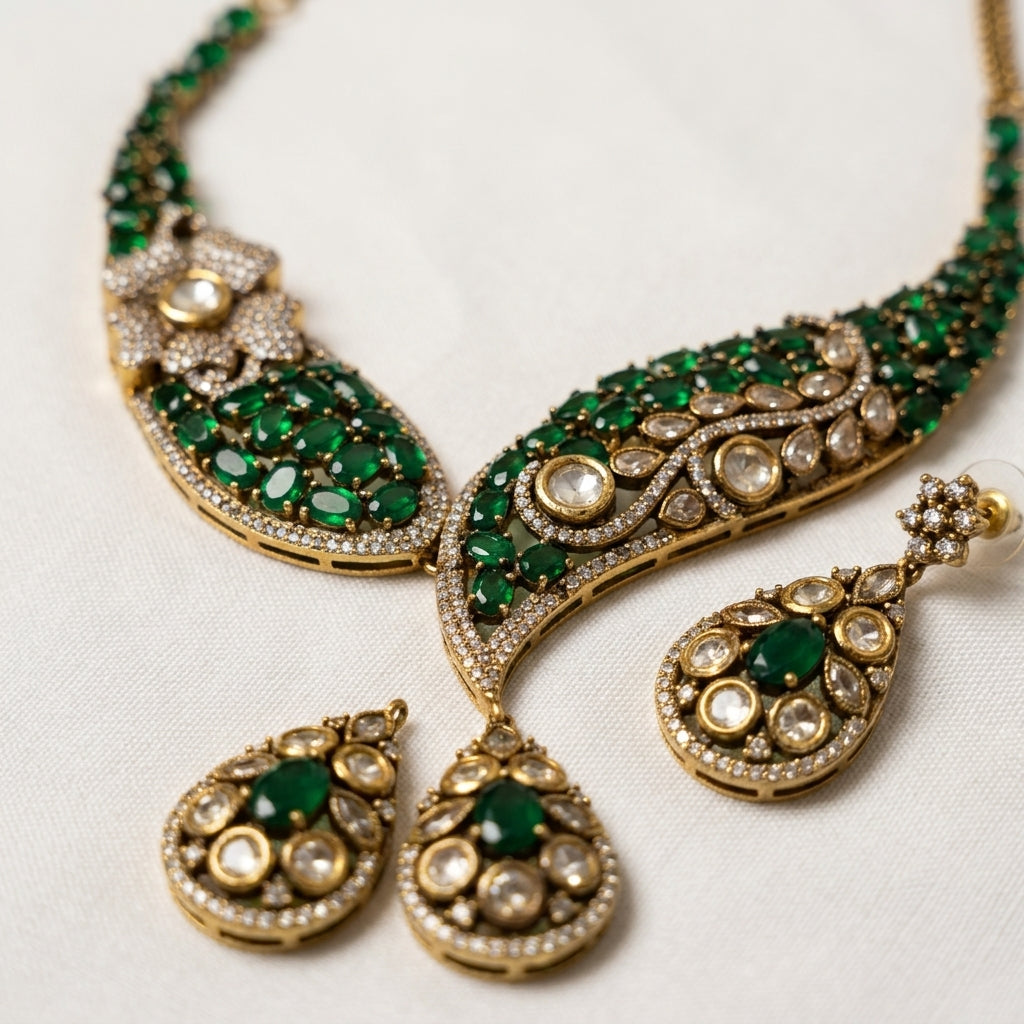 Gold-Toned Metal Necklace And Earrings Set