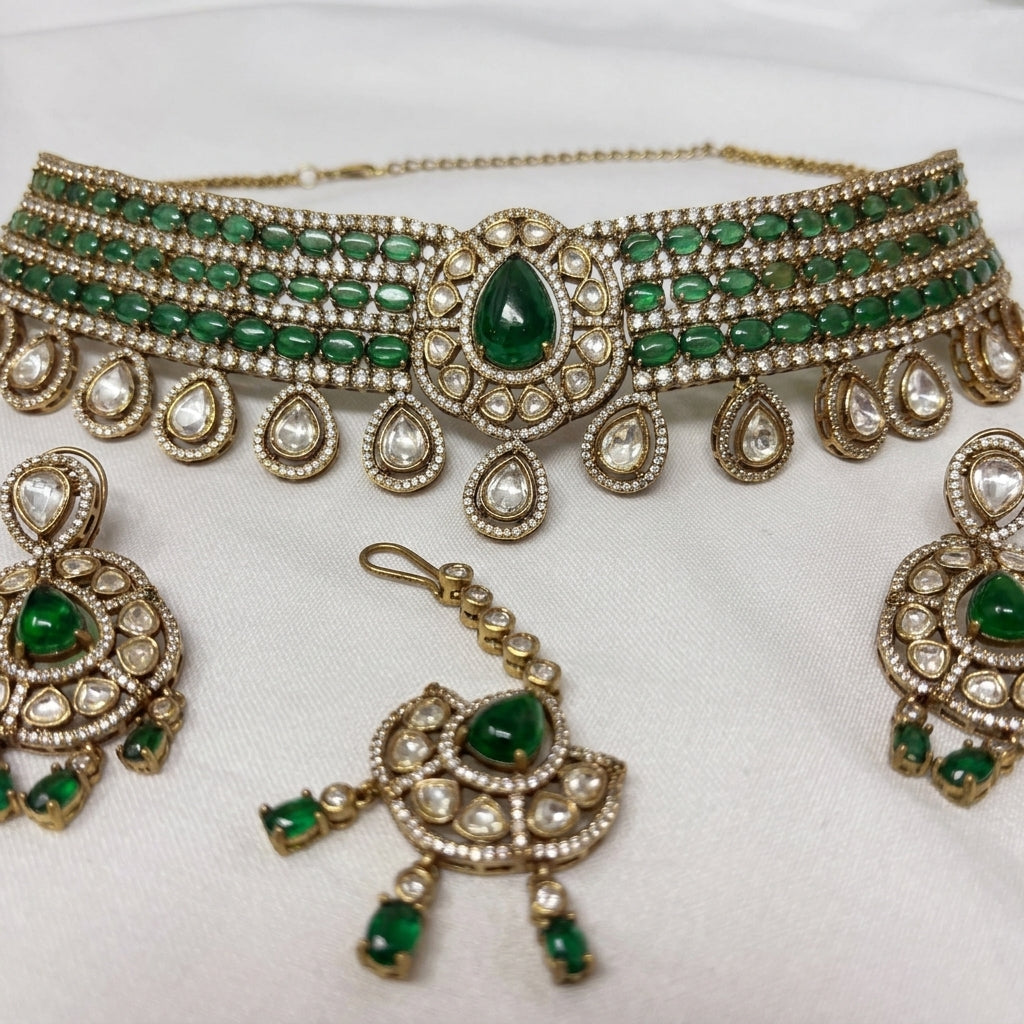 Gold Plated Choker Necklace, Earrings, Maang Tikka