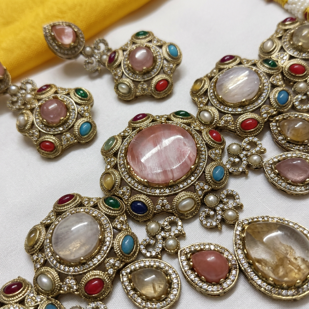 Gold Toned Metal Necklace And Earrings Set
