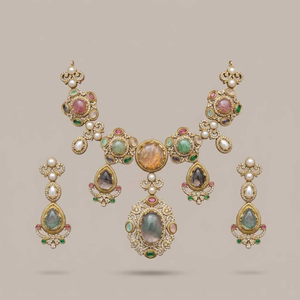 Gold Toned Metal Necklace And Earrings Set
