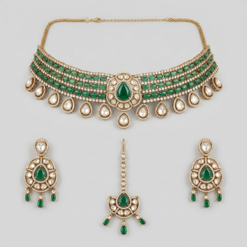 Gold Plated Choker Necklace, Earrings, Maang Tikka