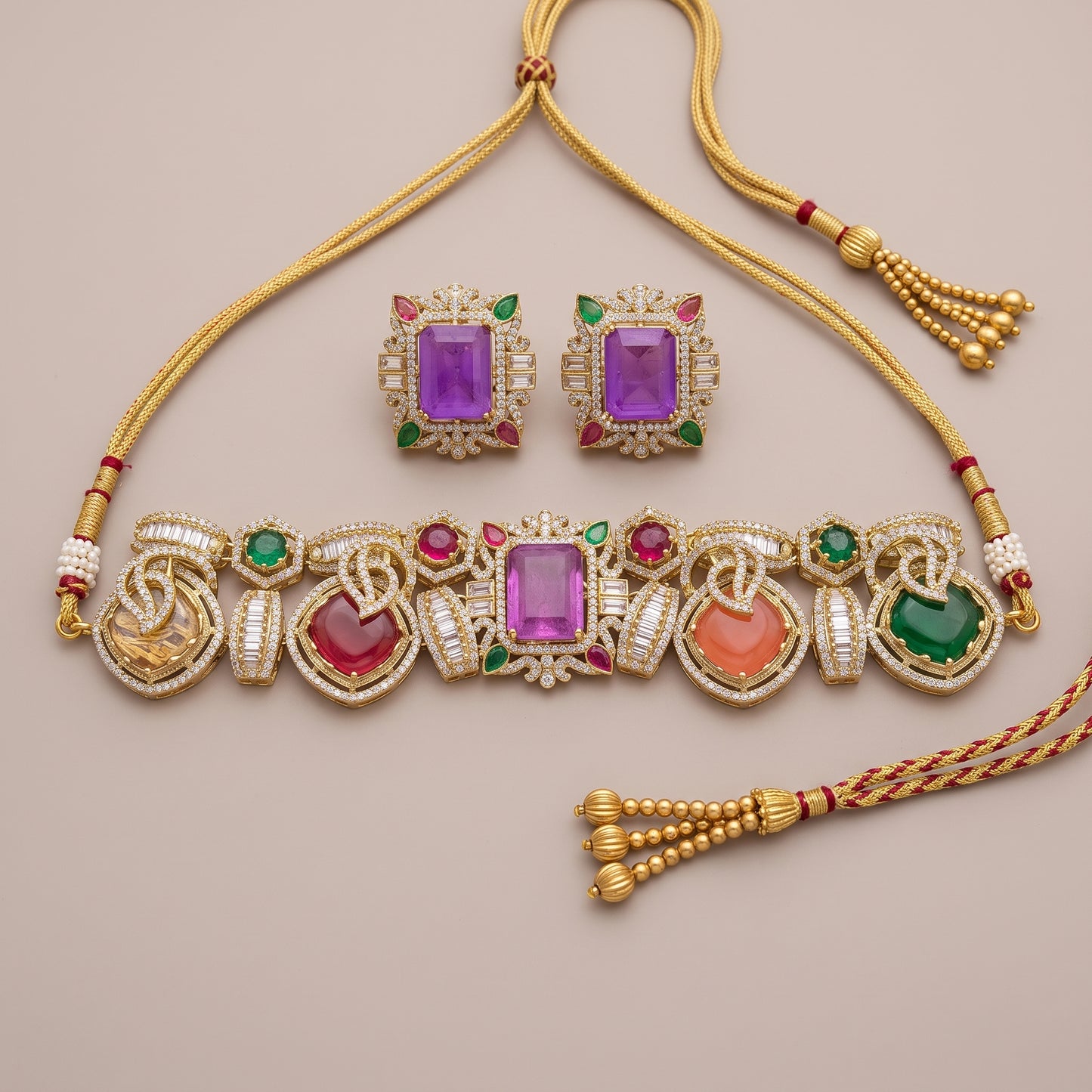 Gold Toned Choker Necklace And Stud Earrings Set