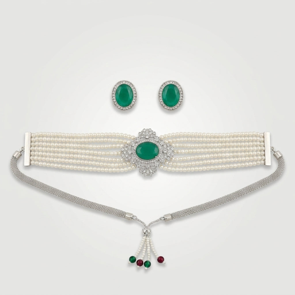 Silver Colored Base Metal Choker Necklace And Stud Earrings Set