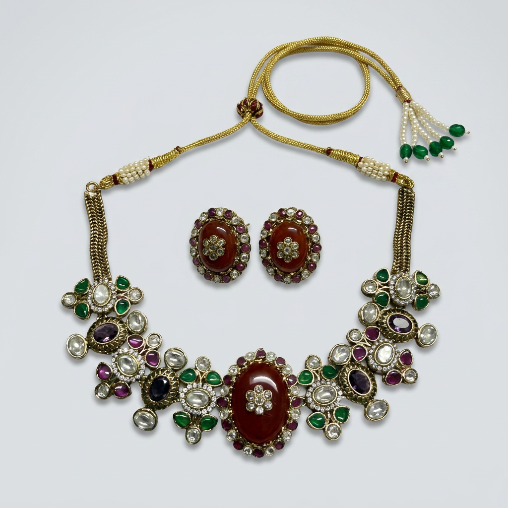 Gold Toned Metal Necklace And Stud Earrings Set