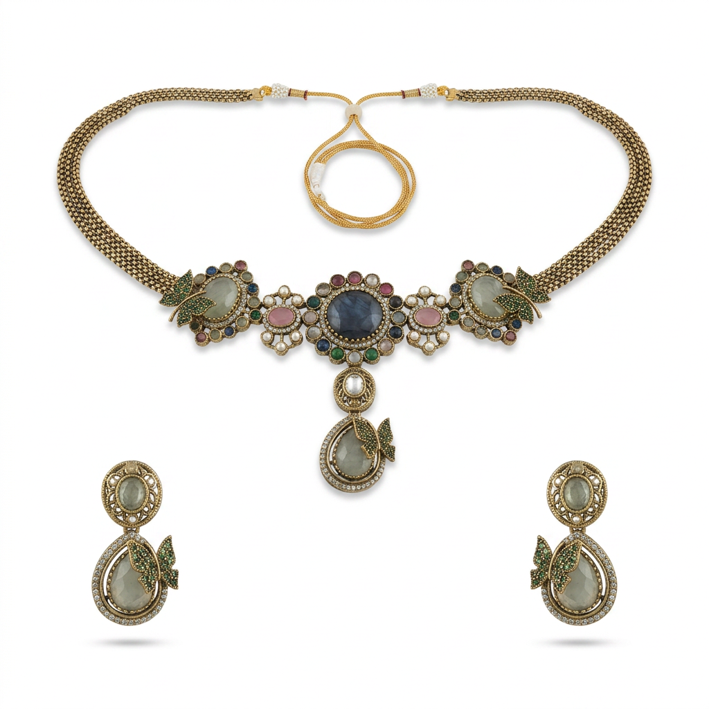 Gold Toned Alloy Necklace And Earrings Set