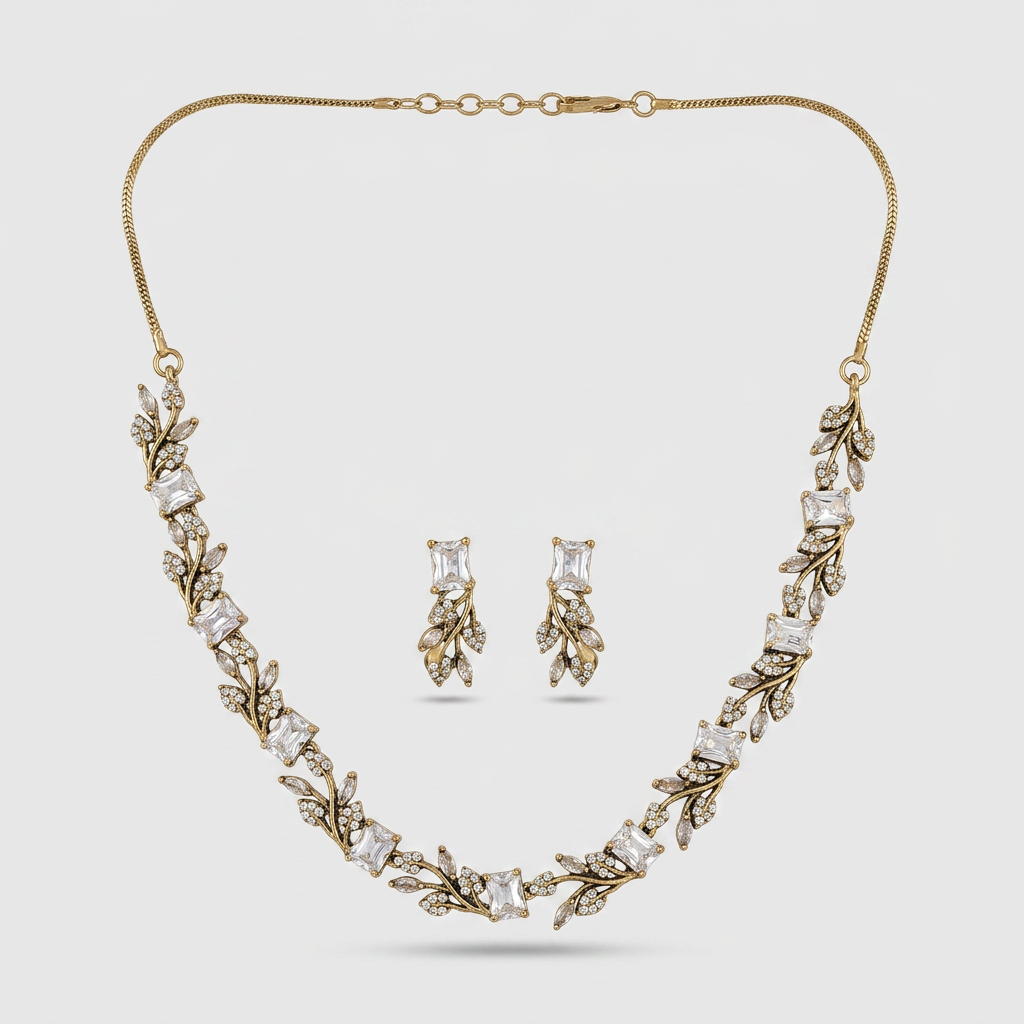 Gold Tone Matching Necklace And Stud Earrings