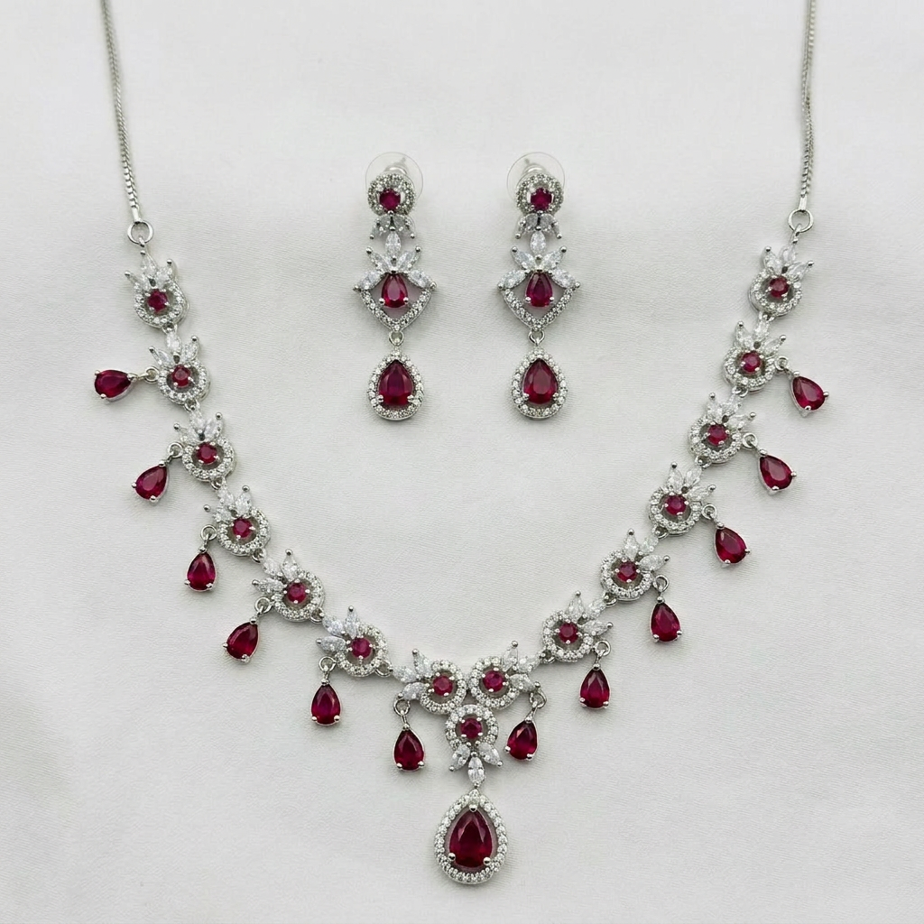 Silver Colored Metal Necklace And Earrings Set
