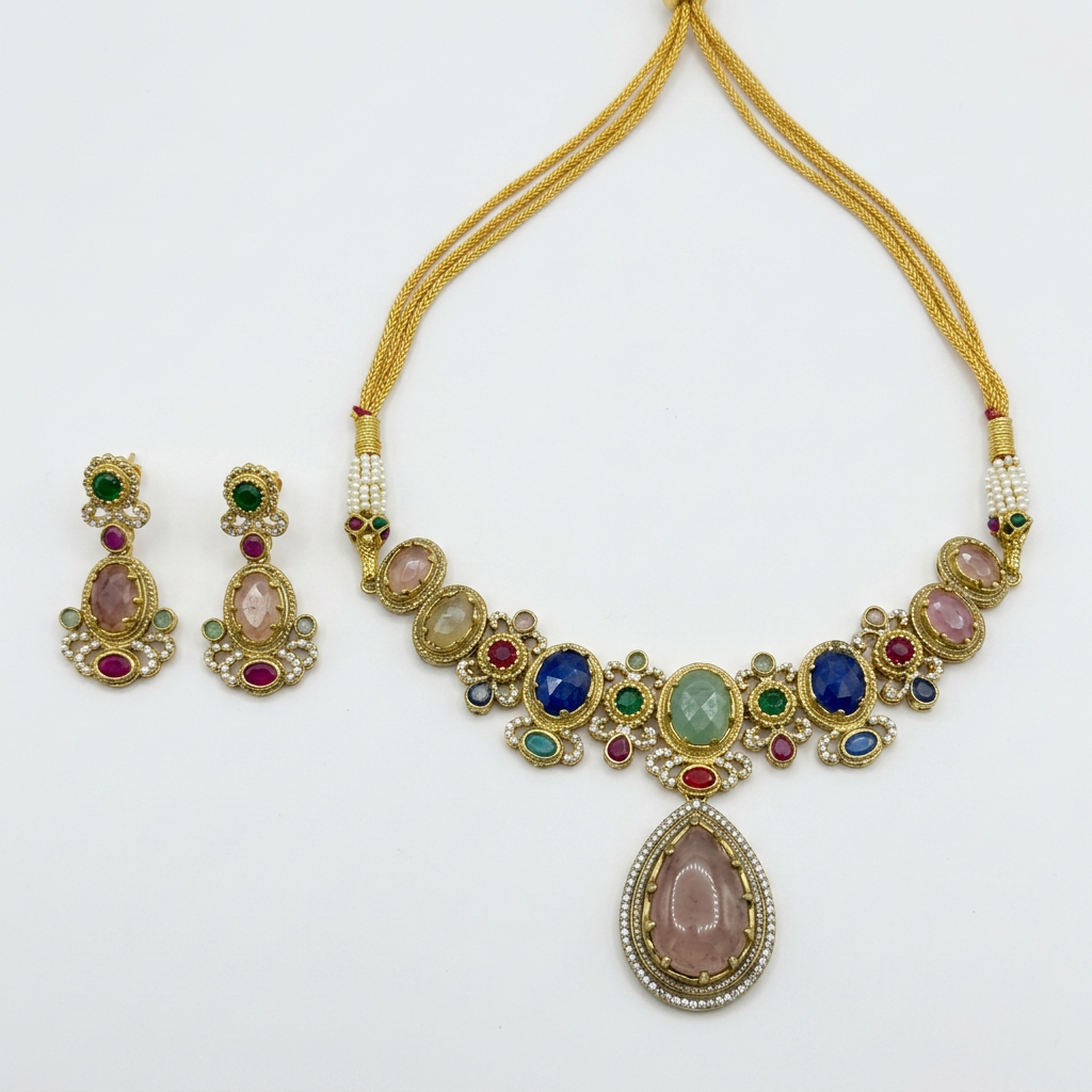 Gold-Tone Alloy Choker Necklace And Drop Earrings Set