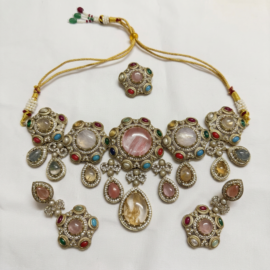 Gold Toned Metal Necklace And Earrings Set